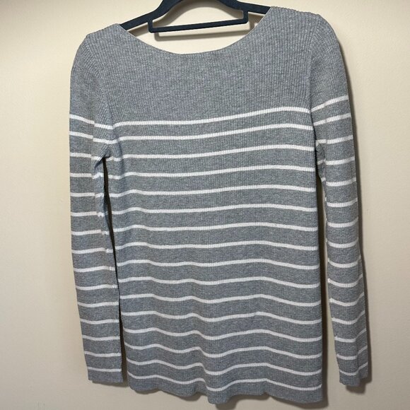 GAP Pullover Ribbed Striped Boat Neck Sweater - Gray and White, X-Small - Picture 2 of 6